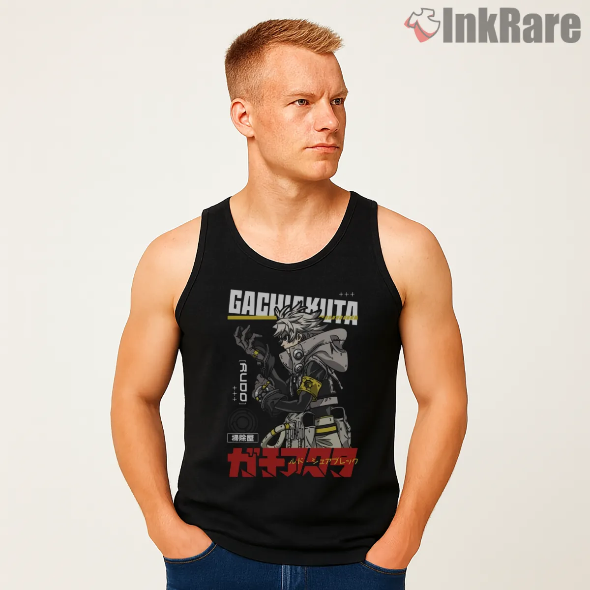 Rudo Industrial Gear Action Pose Gachiakuta Shirt on black tank top for men graphic tee