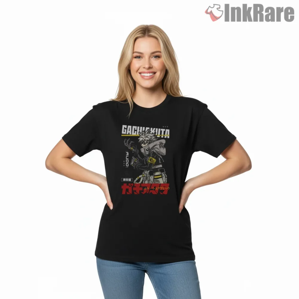 Rudo Industrial Gear Action Pose Gachiakuta Shirt on black short sleeve shirt for women graphic tee