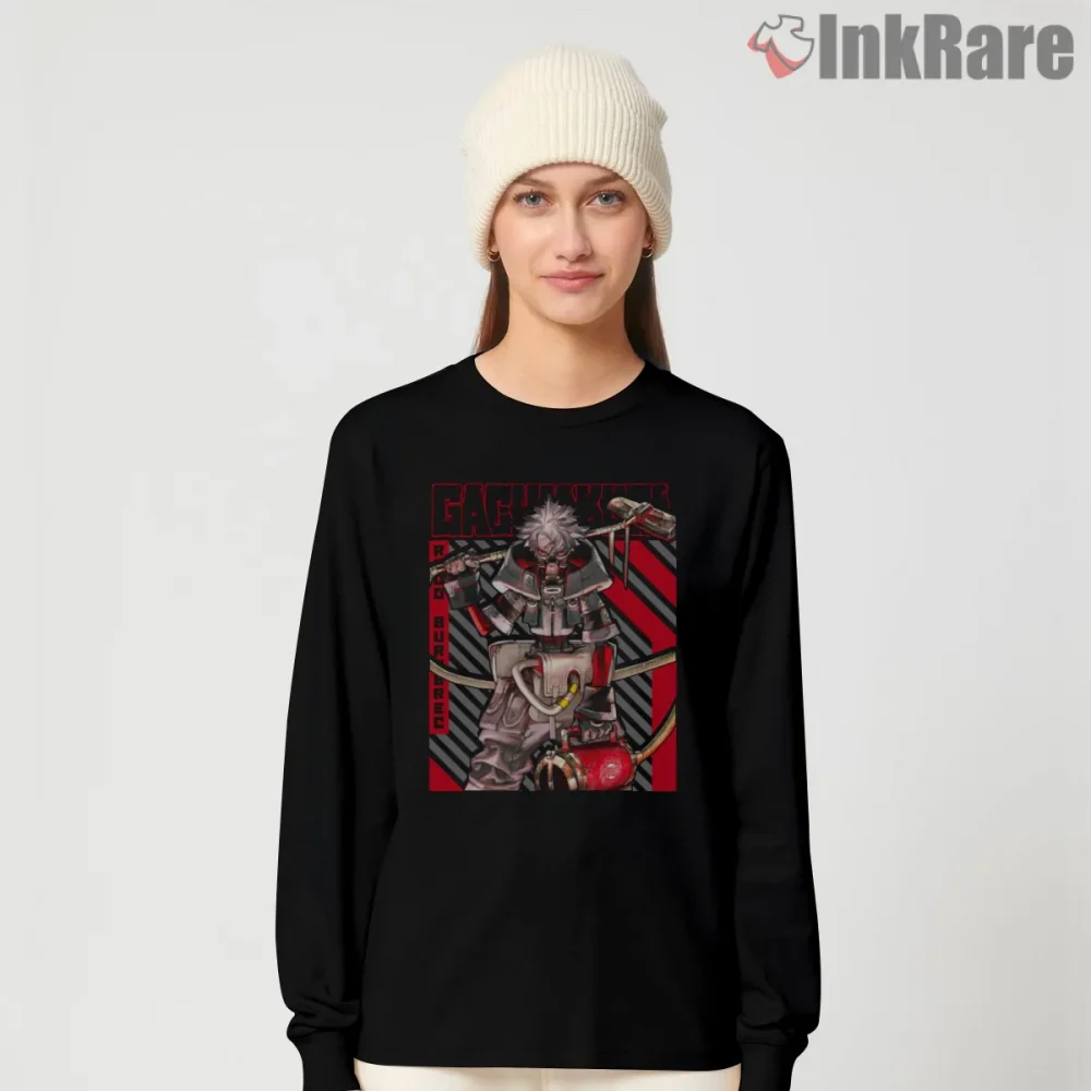 Rudo Industrial Gear Action Pose Red Black Anime Shirt on black long sleeve shirt for women graphic tee