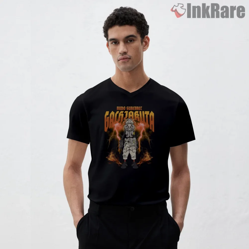 Rudo Lightning Power Street Anime Gachiakuta Shirt on black v-neck shirt for men graphic tee