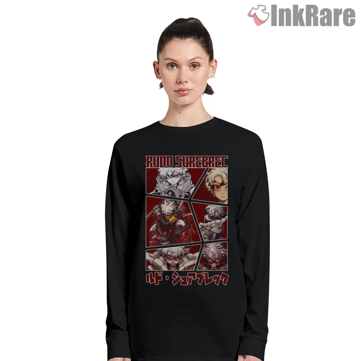 Rudo Manga Panel Collage Dark Red Anime Shirt on black long sleeve shirt for women graphic tee
