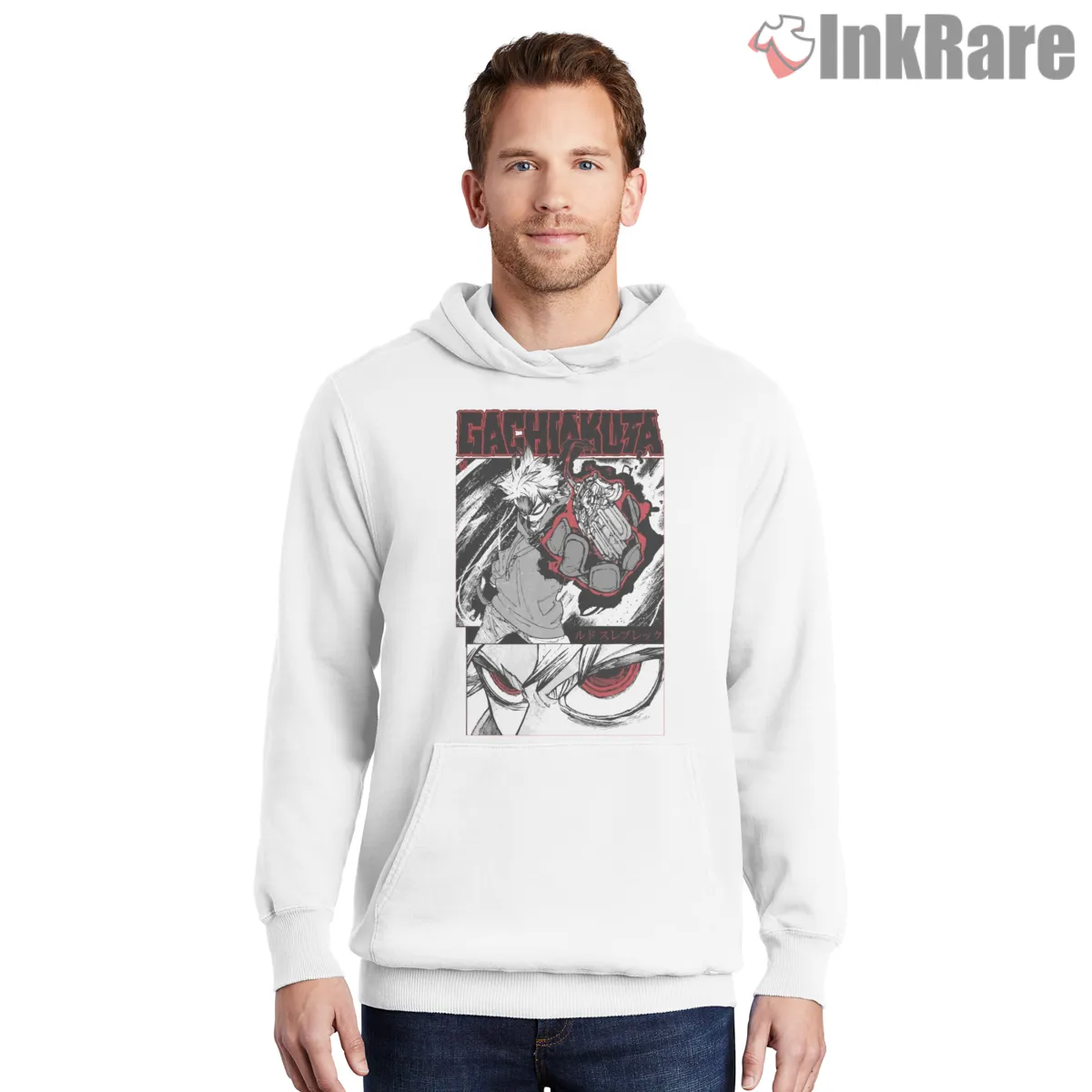 Rudo Manga Panel Split Red Black Anime Shirt on white hoodie for men graphic tee