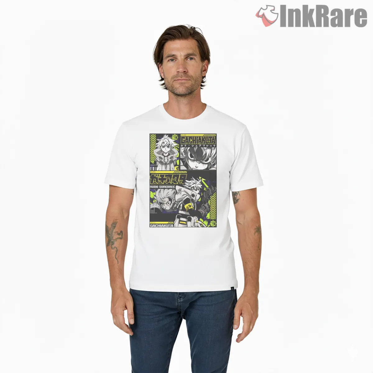 Rudo Manga Panel Yellow Black Graphic Anime Shirt on white short sleeve shirt for men graphic tee