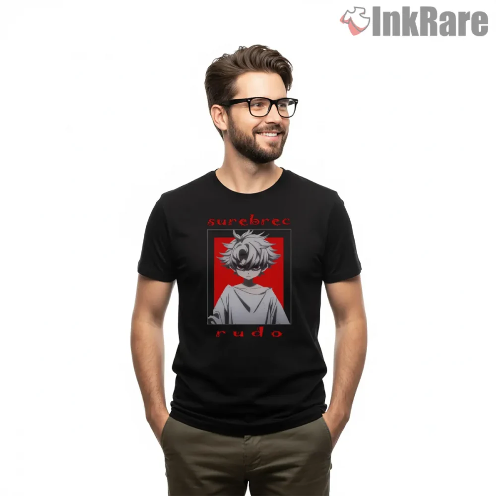 Rudo Minimal Portrait Red Frame Gachiakuta Shirt on black short sleeve shirt for men graphic tee