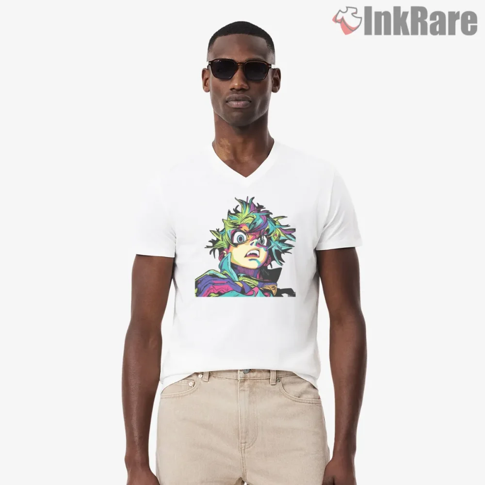 Rudo Neon Color Portrait Pop Art Anime Shirt on white v-neck shirt for men graphic tee