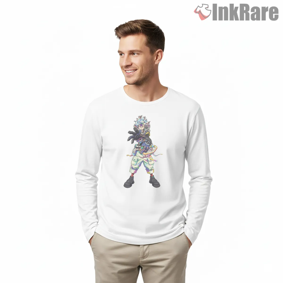 Rudo Neon Color Streetwear Pose Anime Shirt on white long sleeve shirt for men graphic tee