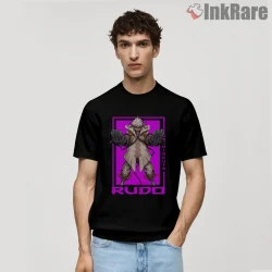 Rudo Neon Frame Power Stance Anime Shirt on black short sleeve shirt for men graphic tee