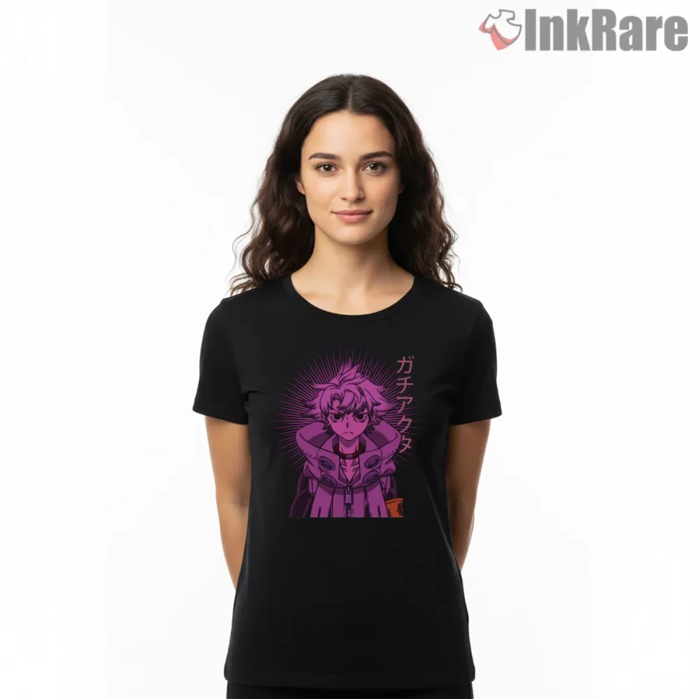 Rudo Neon Purple Energy Portrait Anime Shirt on black short sleeve shirt for women graphic tee