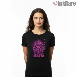 Rudo Neon Purple Energy Portrait Anime Shirt on black short sleeve shirt for women graphic tee