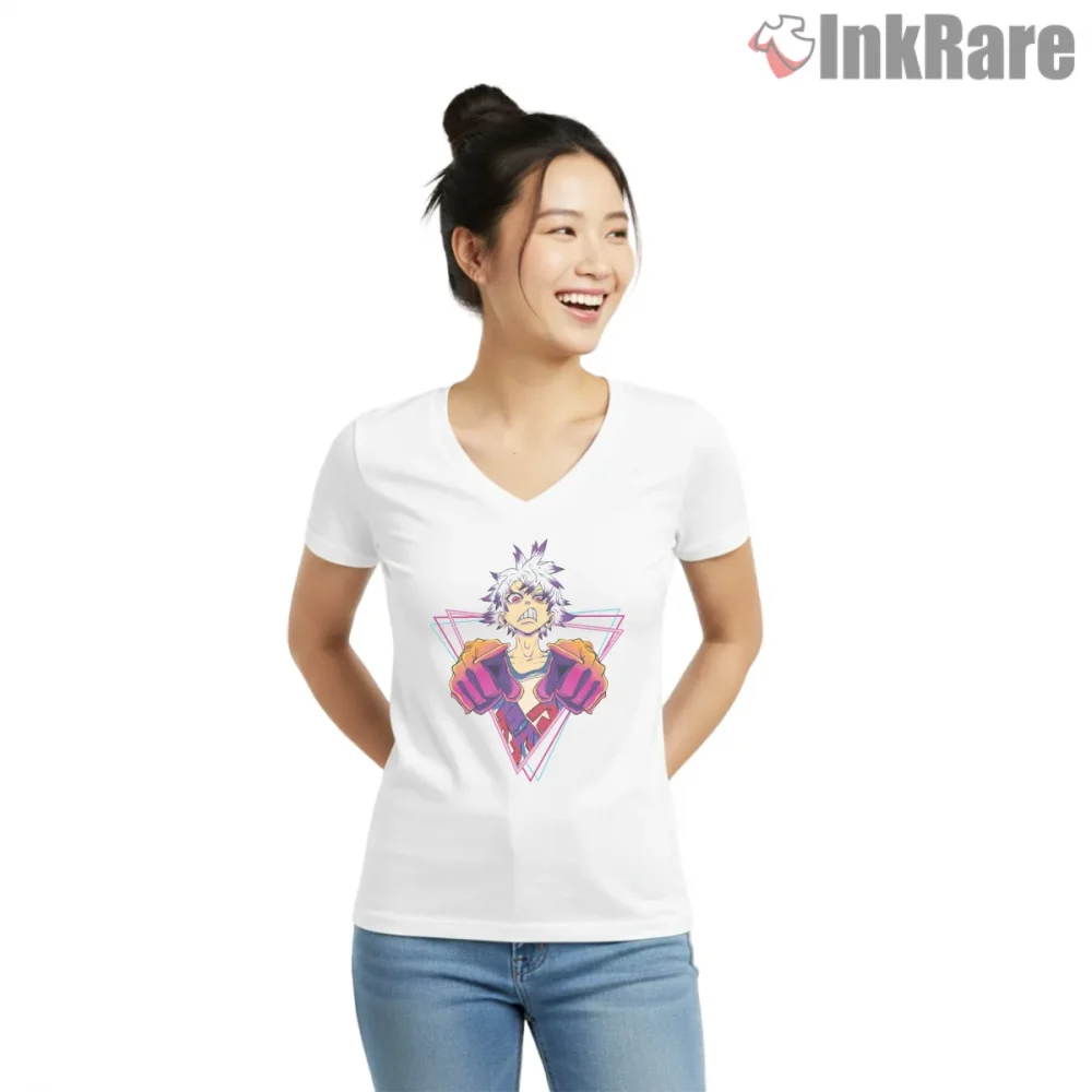 Rudo Neon Triangle Frame Punch Pose Anime Shirt on white v-neck shirt for women graphic tee