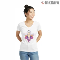 Rudo Neon Triangle Frame Punch Pose Anime Shirt on white v-neck shirt for women graphic tee