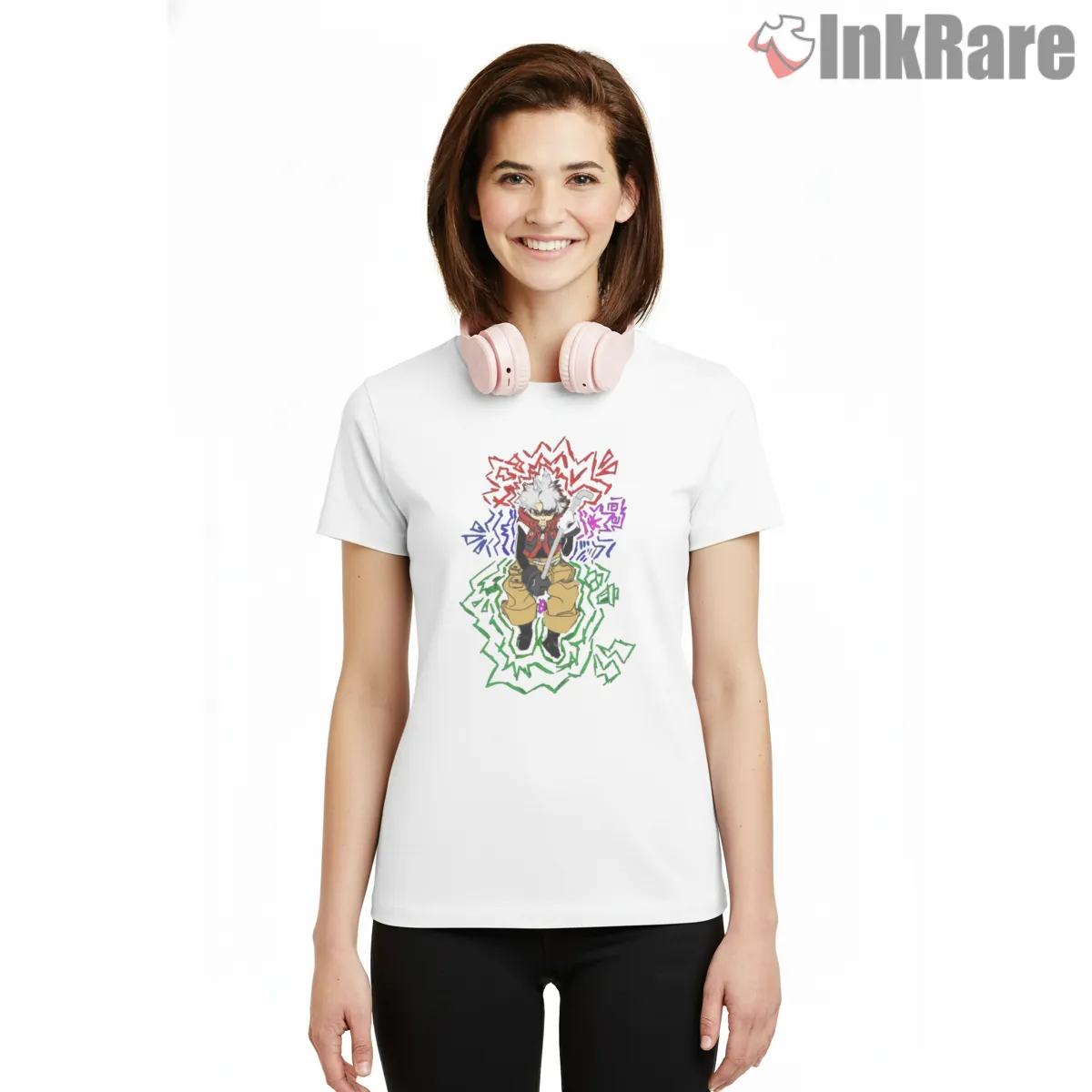 Rudo Power Stance Neon Outline Energy Anime Shirt on white short sleeve shirt for women graphic tee