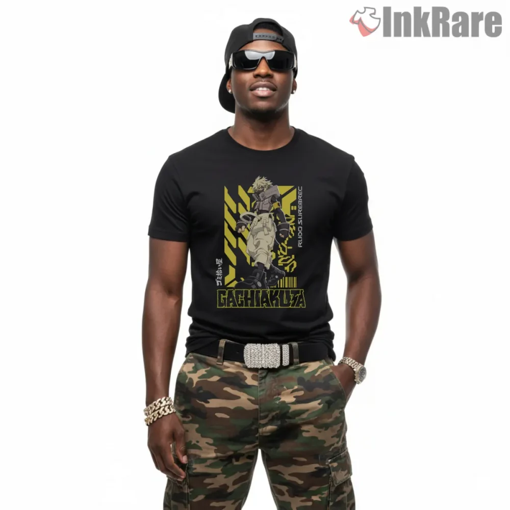 Rudo Trash Raider Yellow Industrial Anime Shirt on black short sleeve shirt for men graphic tee