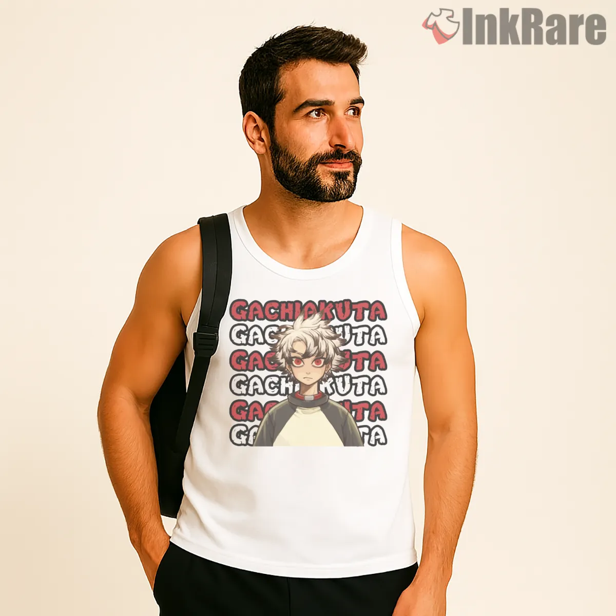 Rudo Typography Background Repeating Text Anime Shirt on white tank top for men graphic tee