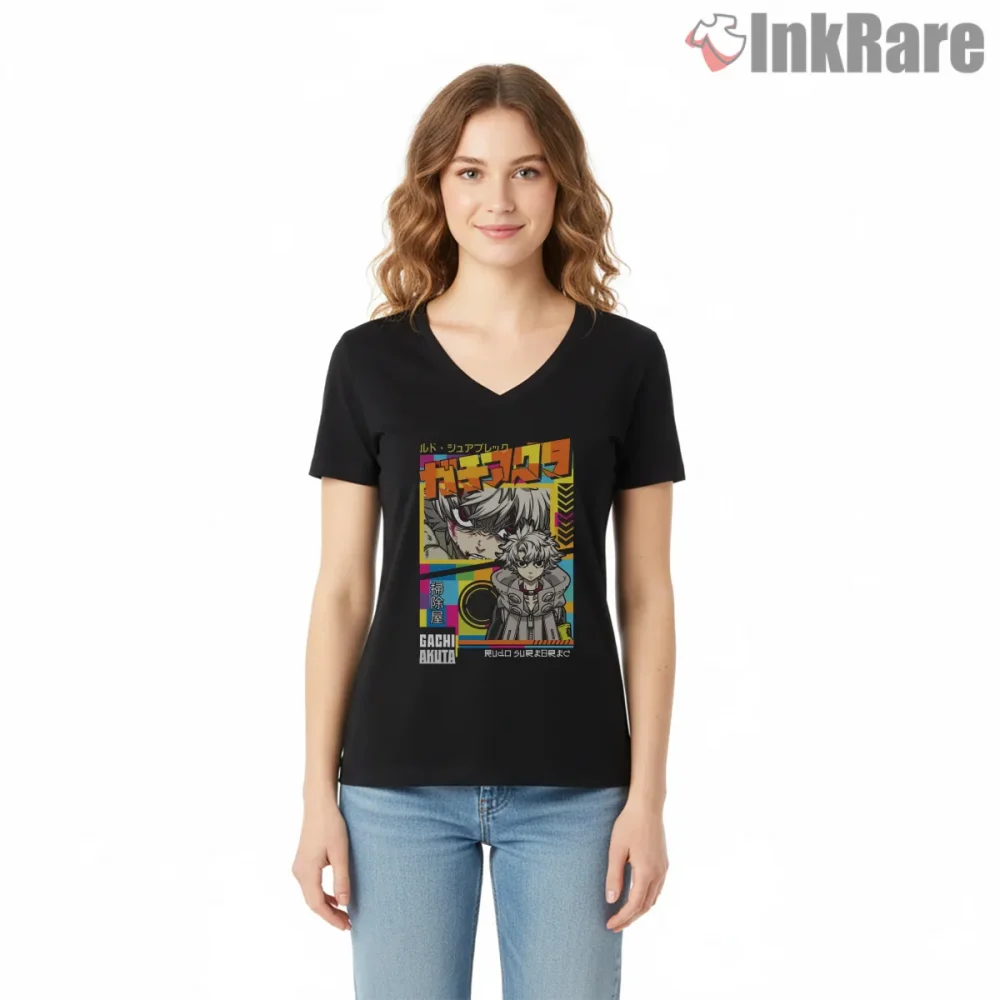 Rudo Wpap Color Block Portrait Gachiakuta Shirt on black v-neck shirt for women graphic tee