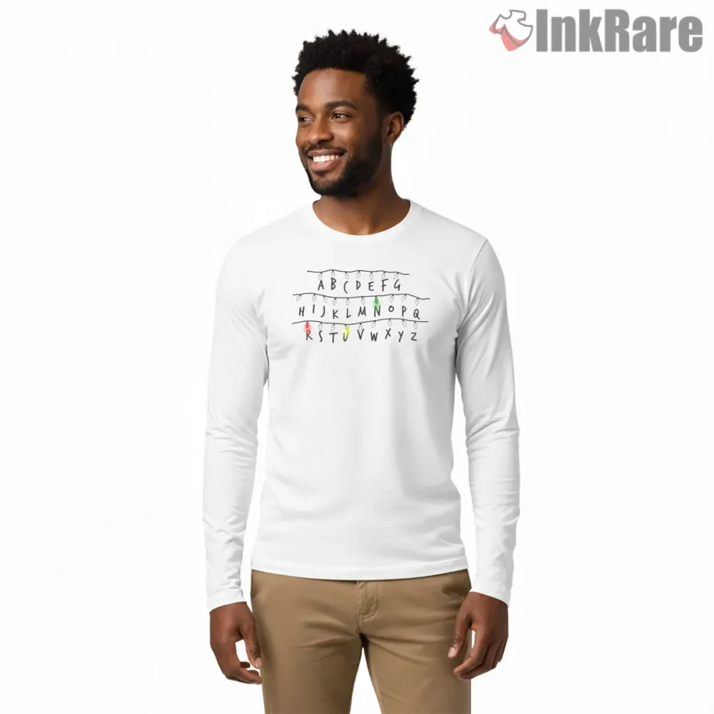 Run Alphabet Lights Upside Down Warning Shirt on white long sleeve shirt for men graphic tee