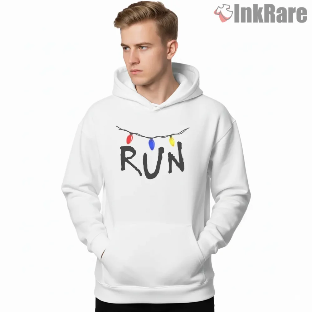 Run Christmas Lights Upside Down Warning Shirt on white hoodie for men graphic tee