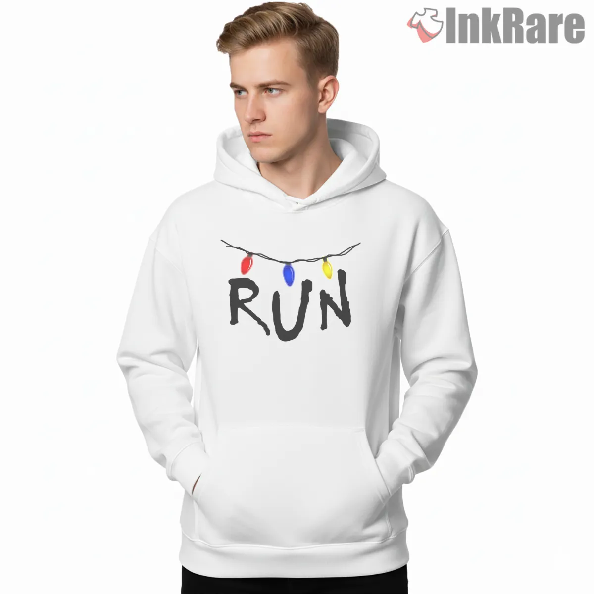 Run Christmas Lights Upside Down Warning Hoodie White Run Christmas Lights Upside Down Warning Shirt on white hoodie for men graphic tee