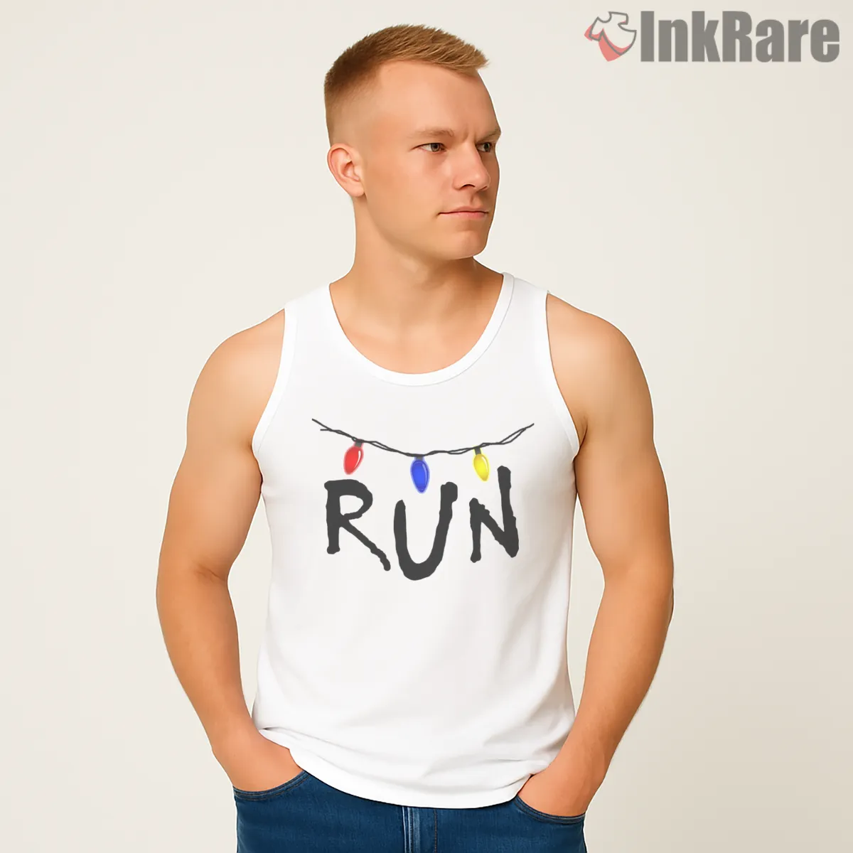 Run Christmas Lights Upside Down Warning Shirt on white tank top for men graphic tee