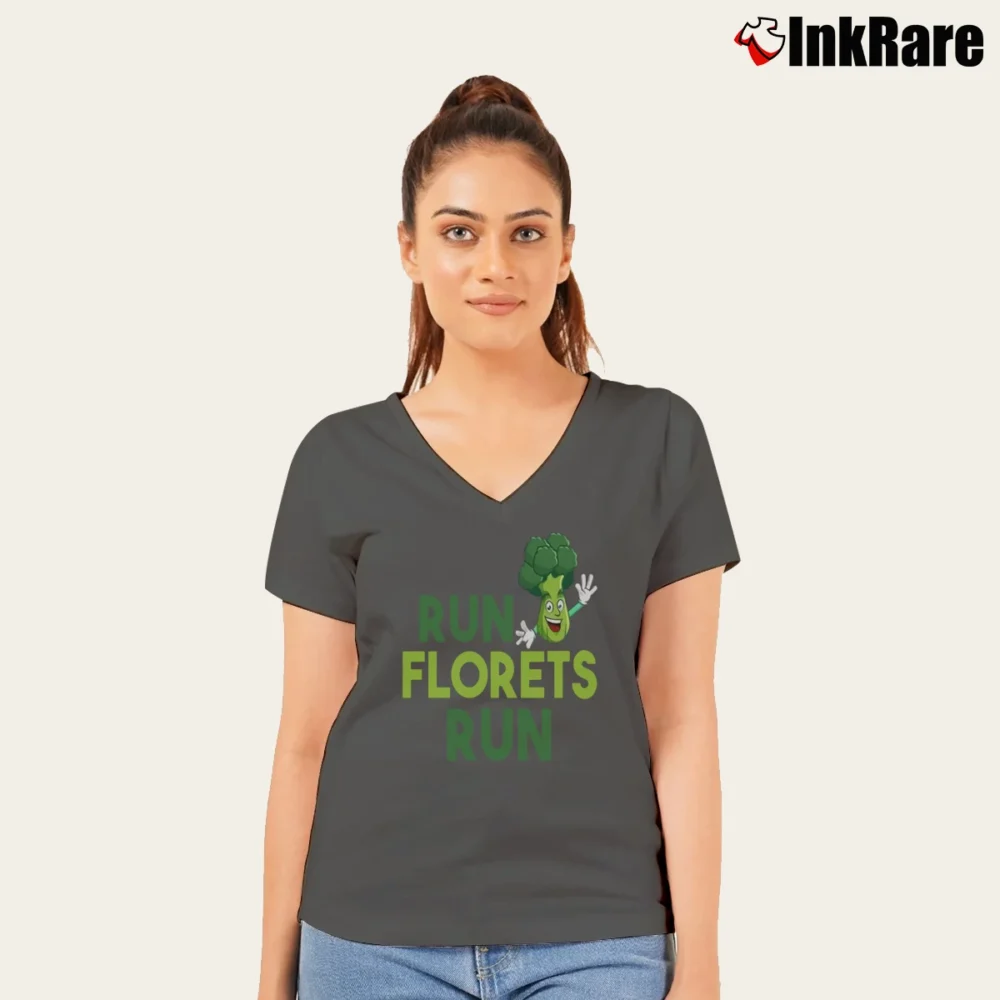 Women’s Run Florets Run Broccoli Vegan Vegetarian Funny V-Neck Tee in charcoal | Chic Neckline, Soft Texture