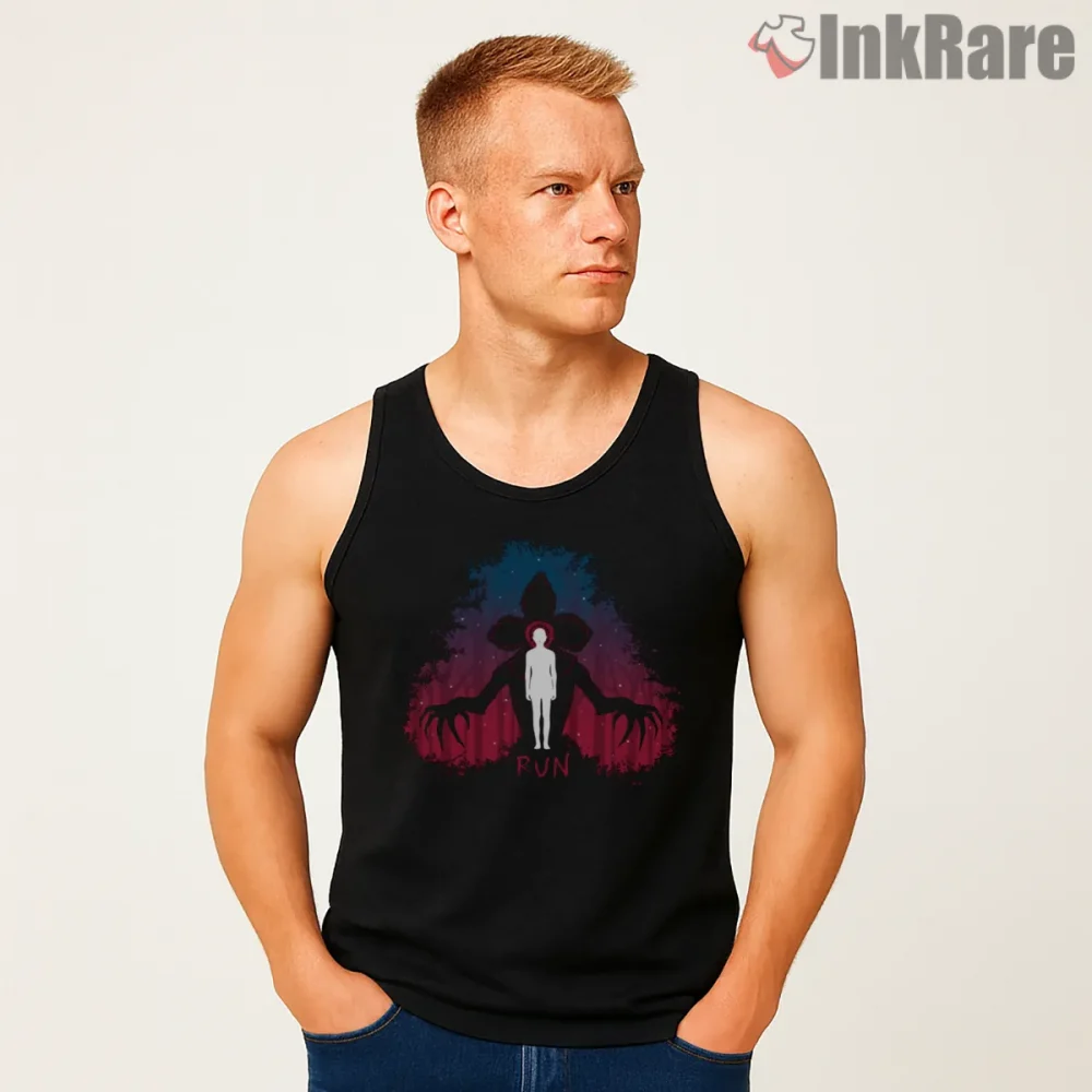 Run From The Monster Upside Down Horror Shirt on black tank top for men graphic tee