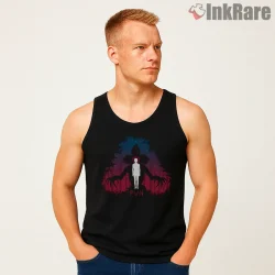 Run From The Monster Upside Down Horror Shirt on black tank top for men graphic tee