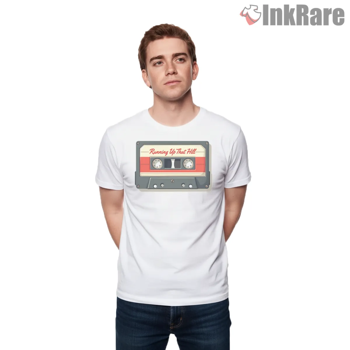 Running Up That Hill Retro Cassette Tape Shirt on white short sleeve shirt for men graphic tee