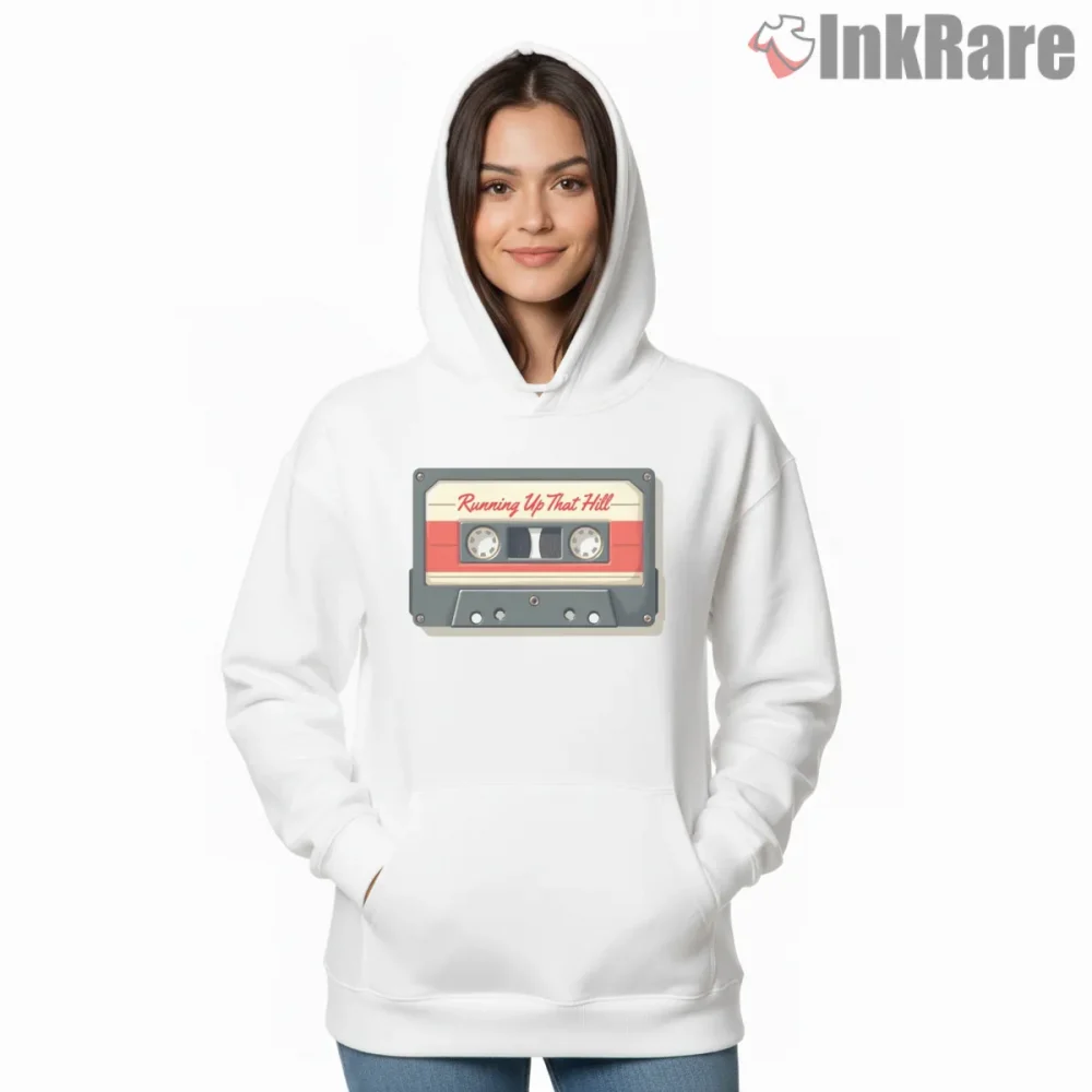Running Up That Hill Retro Cassette Tape Shirt on white hoodie for women graphic tee