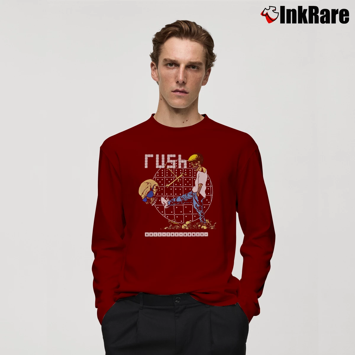 Men’s Rush 1991 Roll The Bones Tour - 90s Canadian Prog Rock Long-Sleeve Shirt in maroon | Sleek, Lightweight, Year-Round Wear