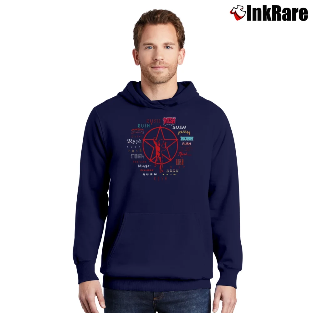 Men’s Rush Evolution Of Logo Rock Band Pullover Hoodie in navy | Cozy, Durable, Modern Fit