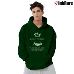 Men’s Rush Limbaugh Talk Show Host Humor Pullover Hoodie in forest green | Cozy, Durable, Modern Fit