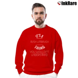 Men’s Rush Limbaugh Talk Show Host Humor Crewneck Sweatshirt in red | Cozy Fabric, Clean Style