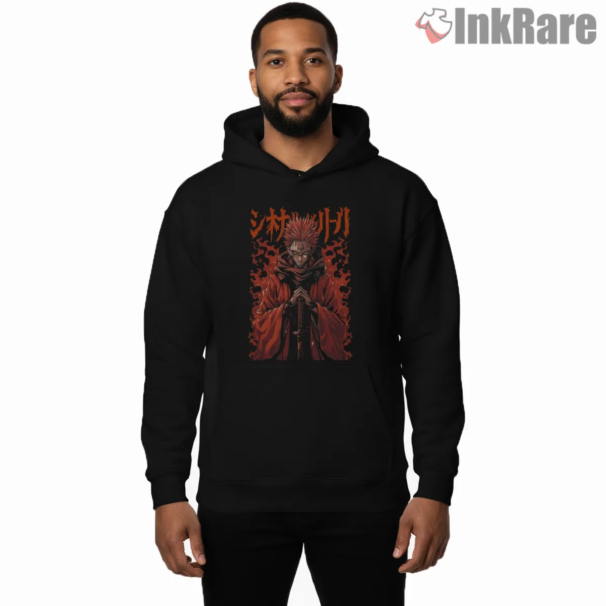Ryomen Sukuna Fiery Aura Dark Ritual Anime Shirt on black hoodie for men graphic tee