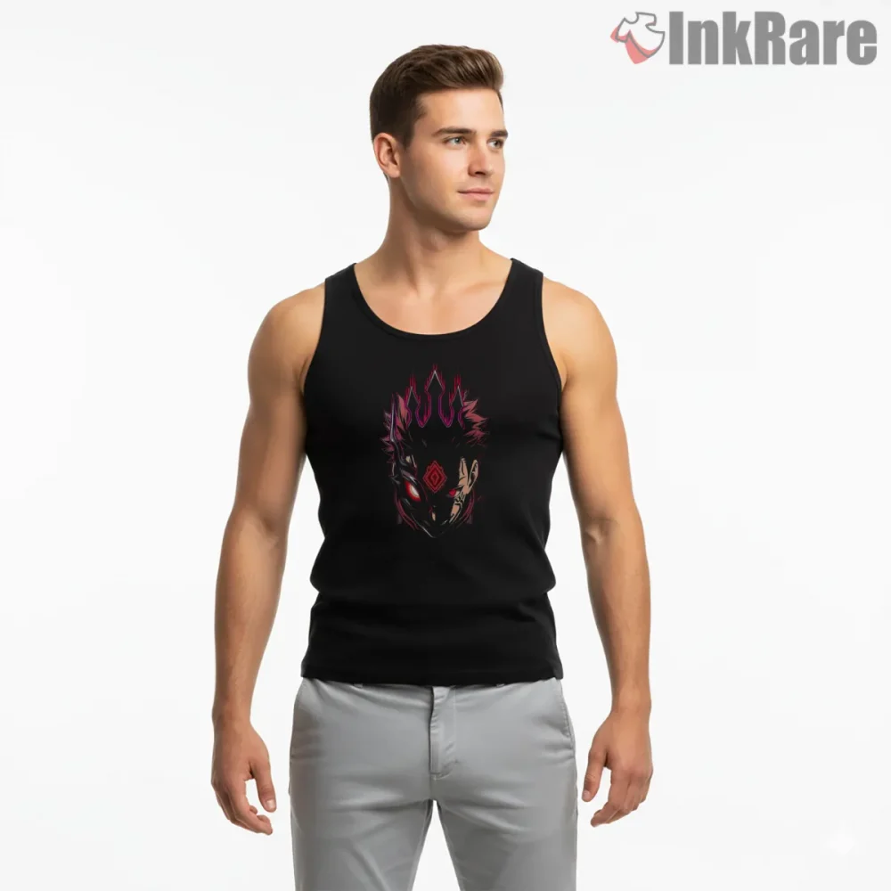 Ryomen Sukuna Sinister Mask Dark Core Anime Shirt on black tank top for men graphic tee