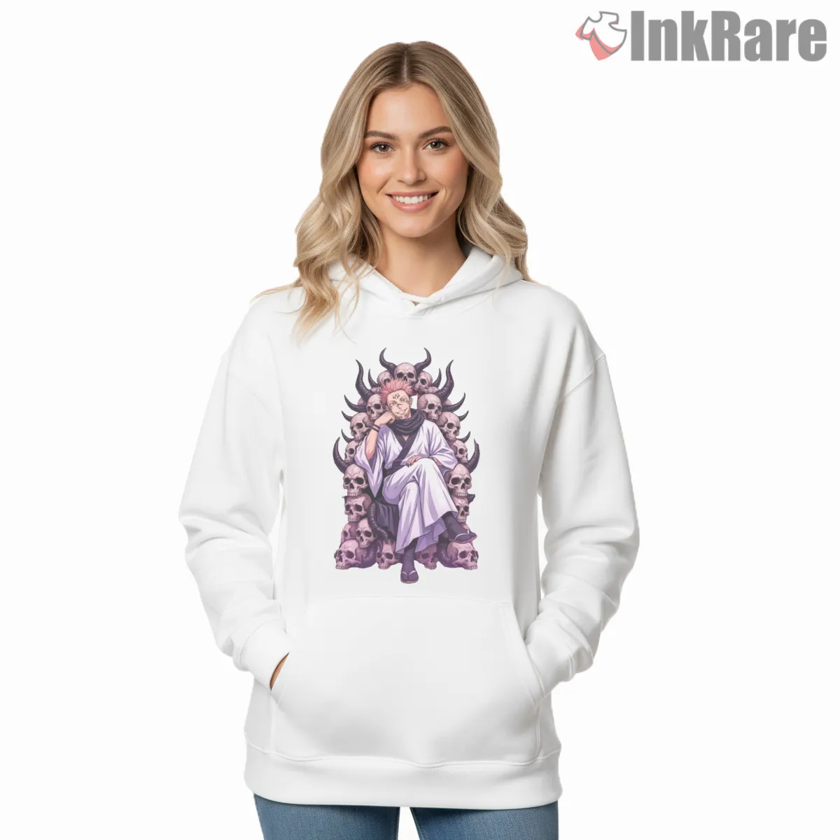 Ryomen Sukuna Skull Throne Dark Villain Anime Shirt on white hoodie for women graphic tee