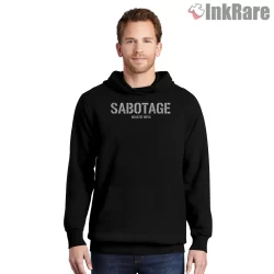 Sabotage Beastie Boys Simple Logo Block Shirt on black hoodie for men graphic tee