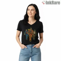 Sabotage Retro Police Squad Action Walk Shirt on black v-neck shirt for women graphic tee