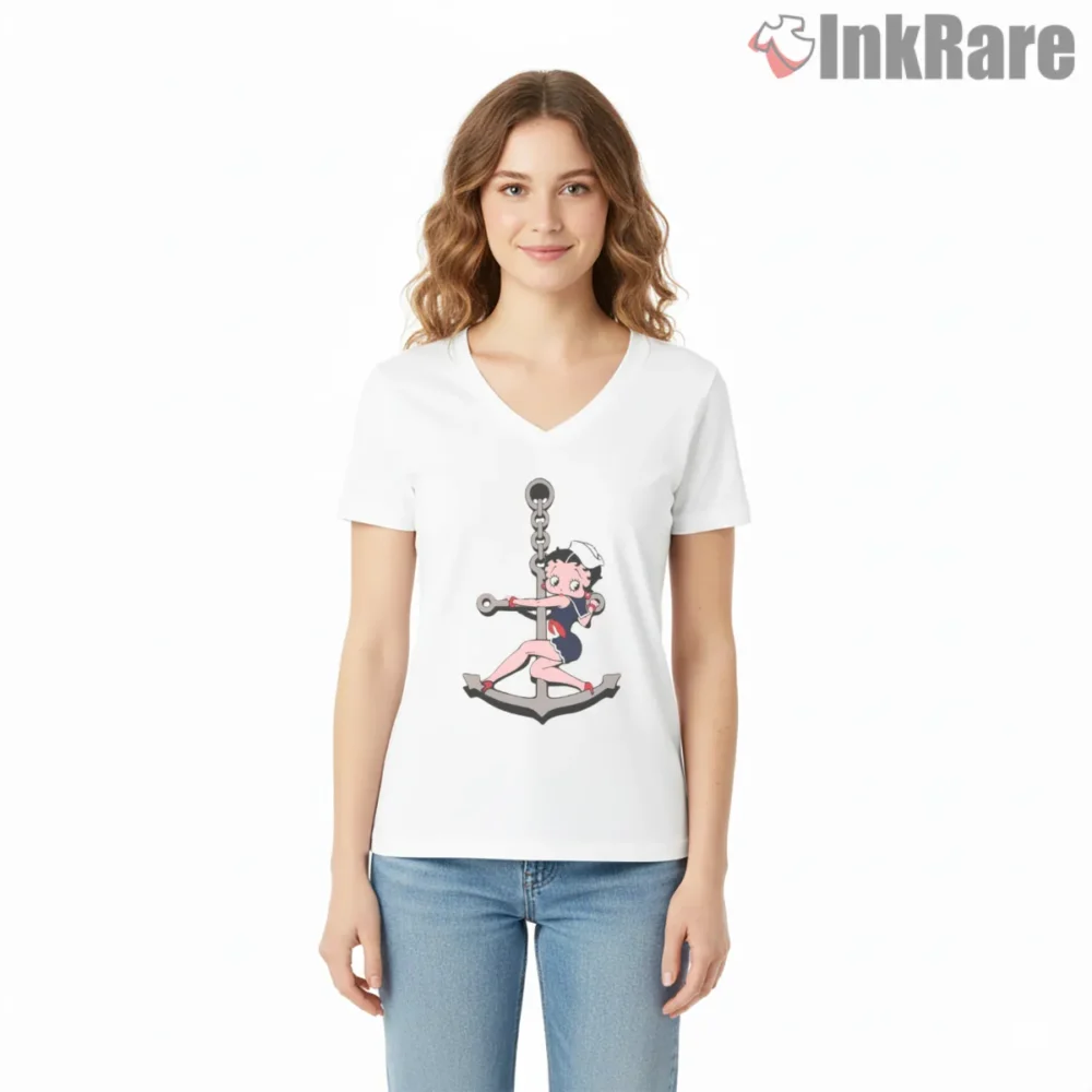 Sailor Betty Boop Anchor Pinup Shirt on white v-neck shirt for women graphic tee