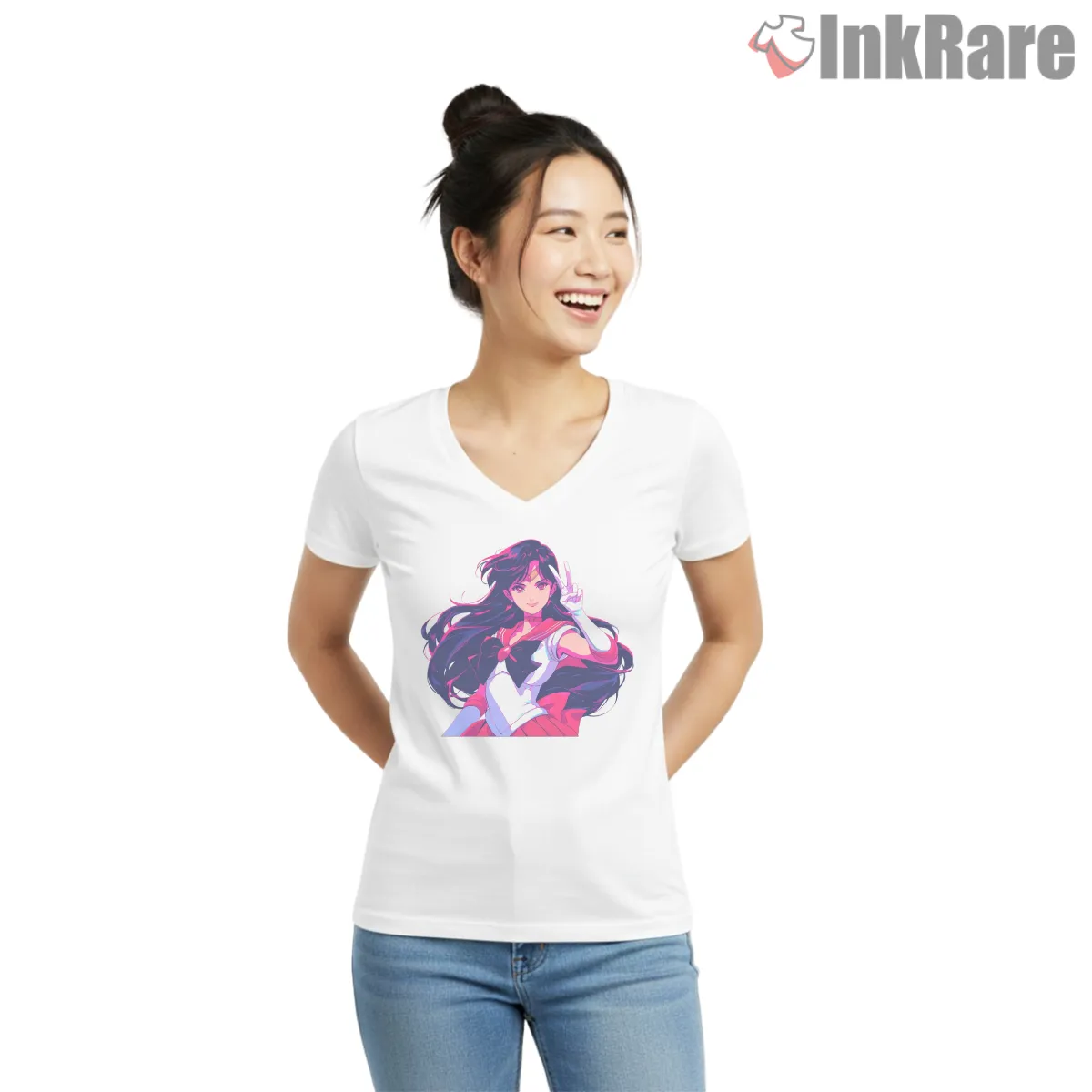 Sailor Mars Confident Gesture Anime V Neck White Sailor Mars Confident Gesture Anime Shirt on white v-neck shirt for women graphic tee