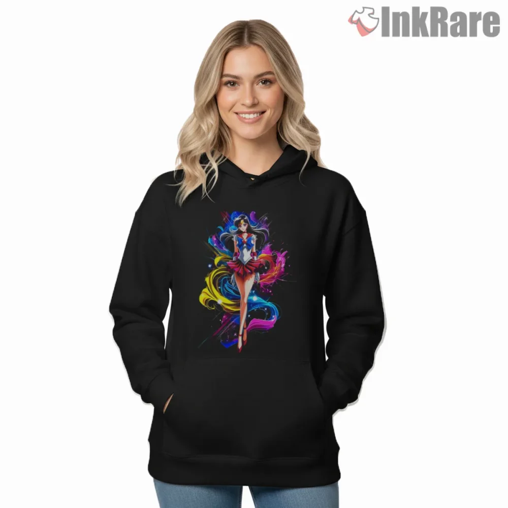 Sailor Mars Dynamic Battle Pose Anime Shirt on black hoodie for women graphic tee