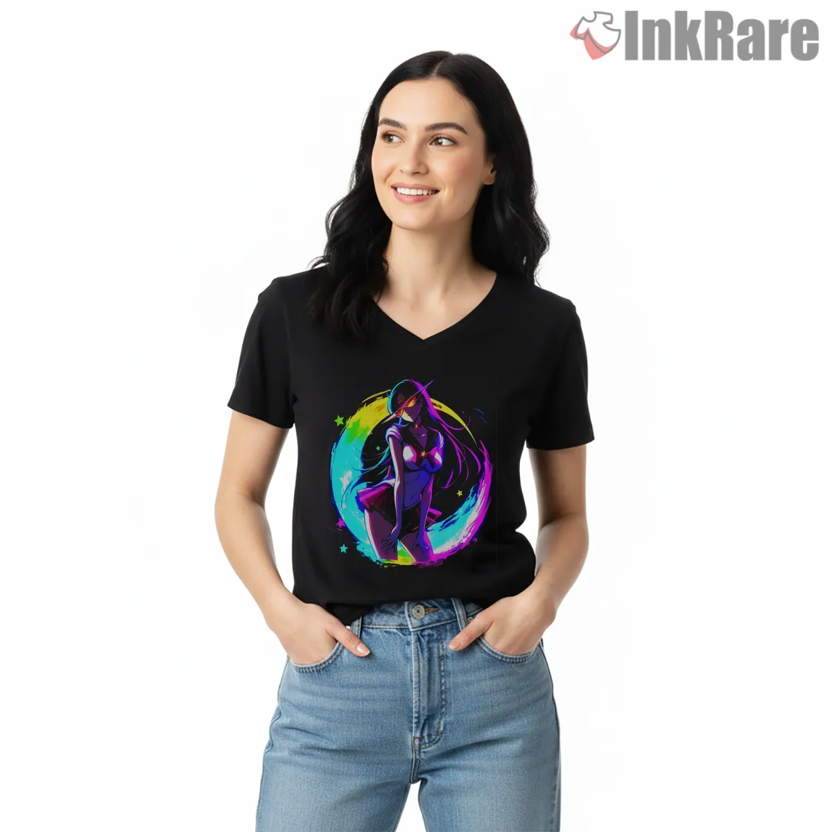 Sailor Mars Fan Art V Neck Black Sailor Mars Fan Art Shirt on black v-neck shirt for women graphic tee