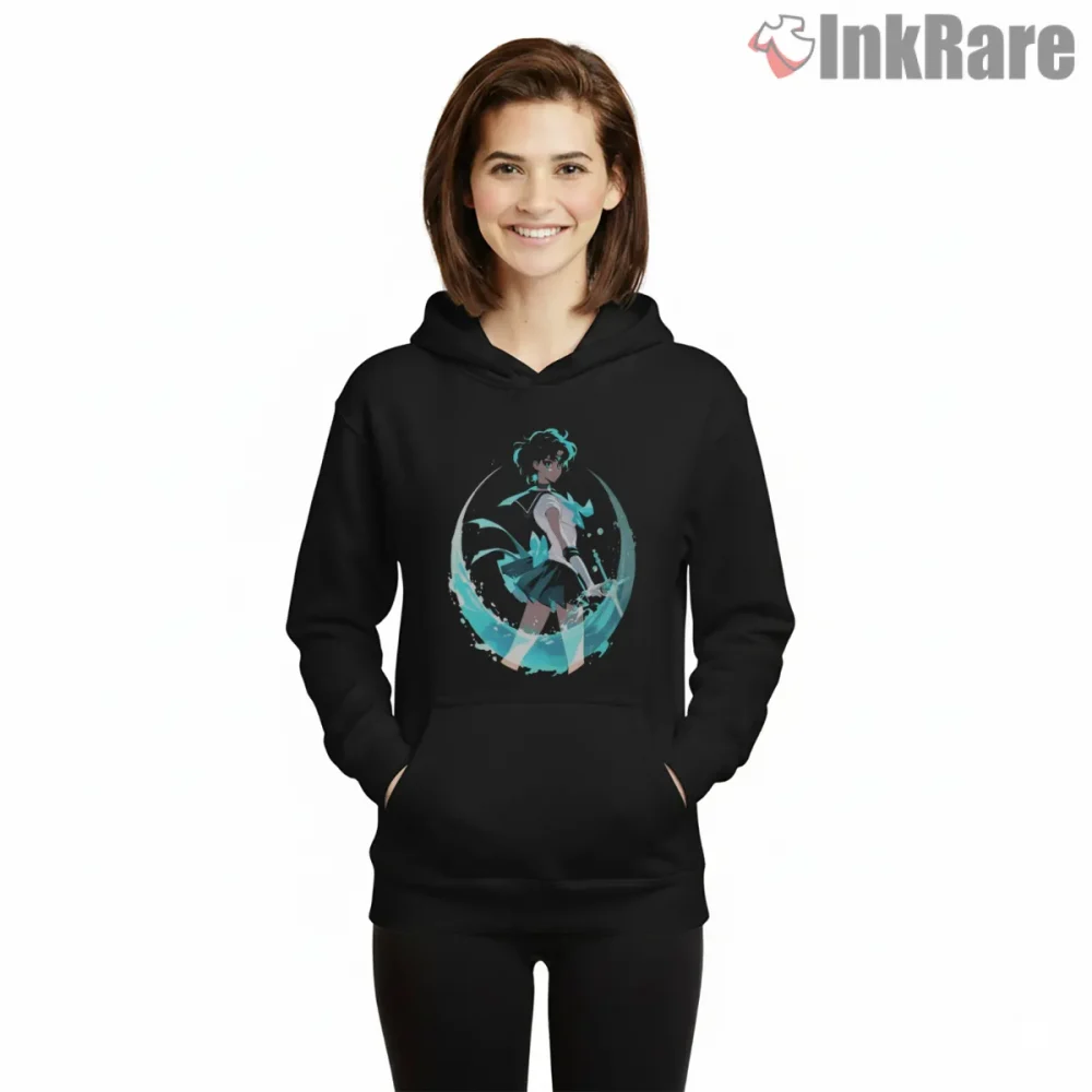 Sailor Mercury Aqua Crescent Motion Anime Shirt on black hoodie for women graphic tee