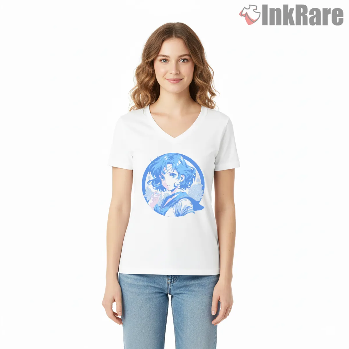 Sailor Mercury Blue Serenity Portrait Anime V Neck White Sailor Mercury Blue Serenity Portrait Anime Shirt on white v-neck shirt for women graphic tee