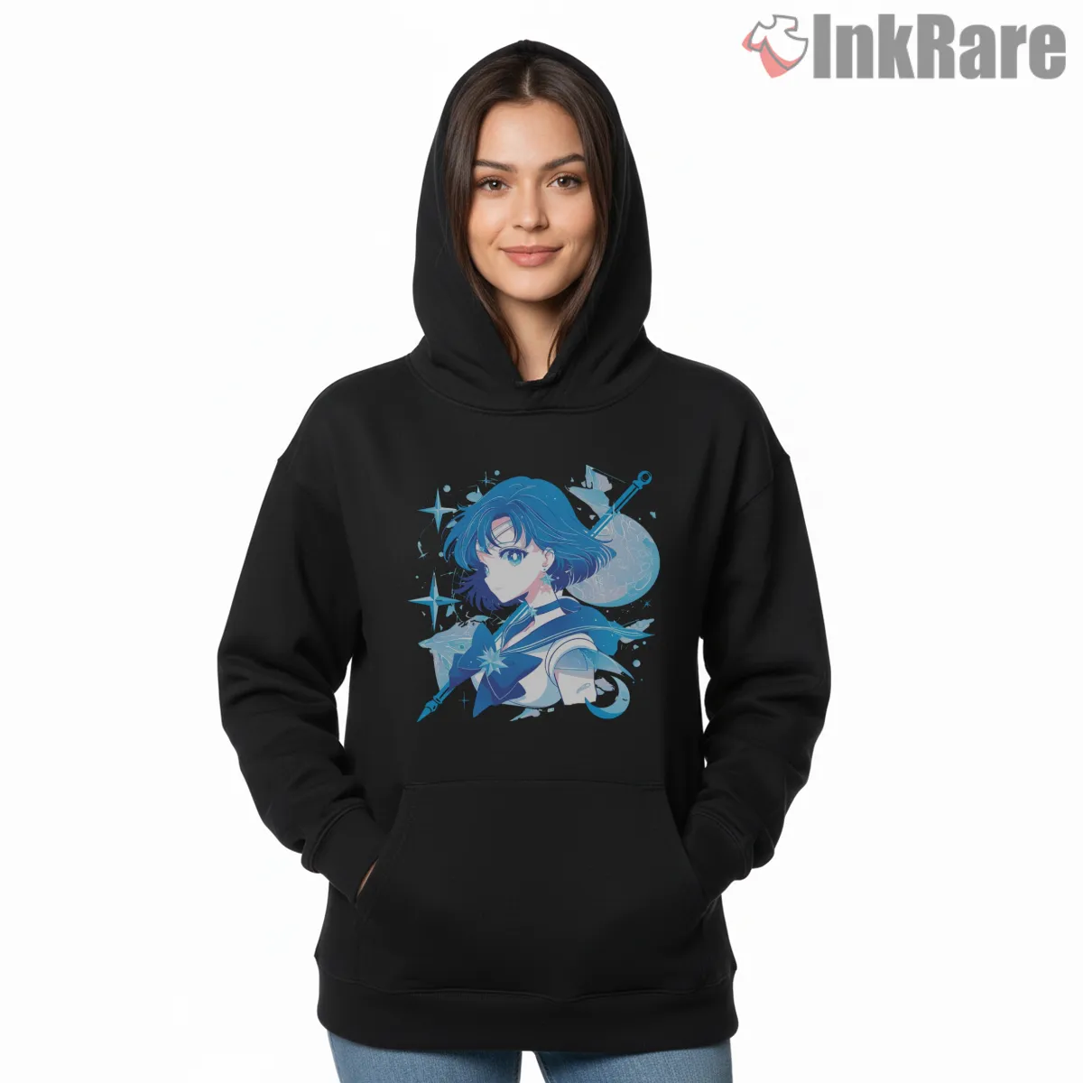 Sailor Mercury Calm Blue Elegance Shirt on black hoodie for women graphic tee