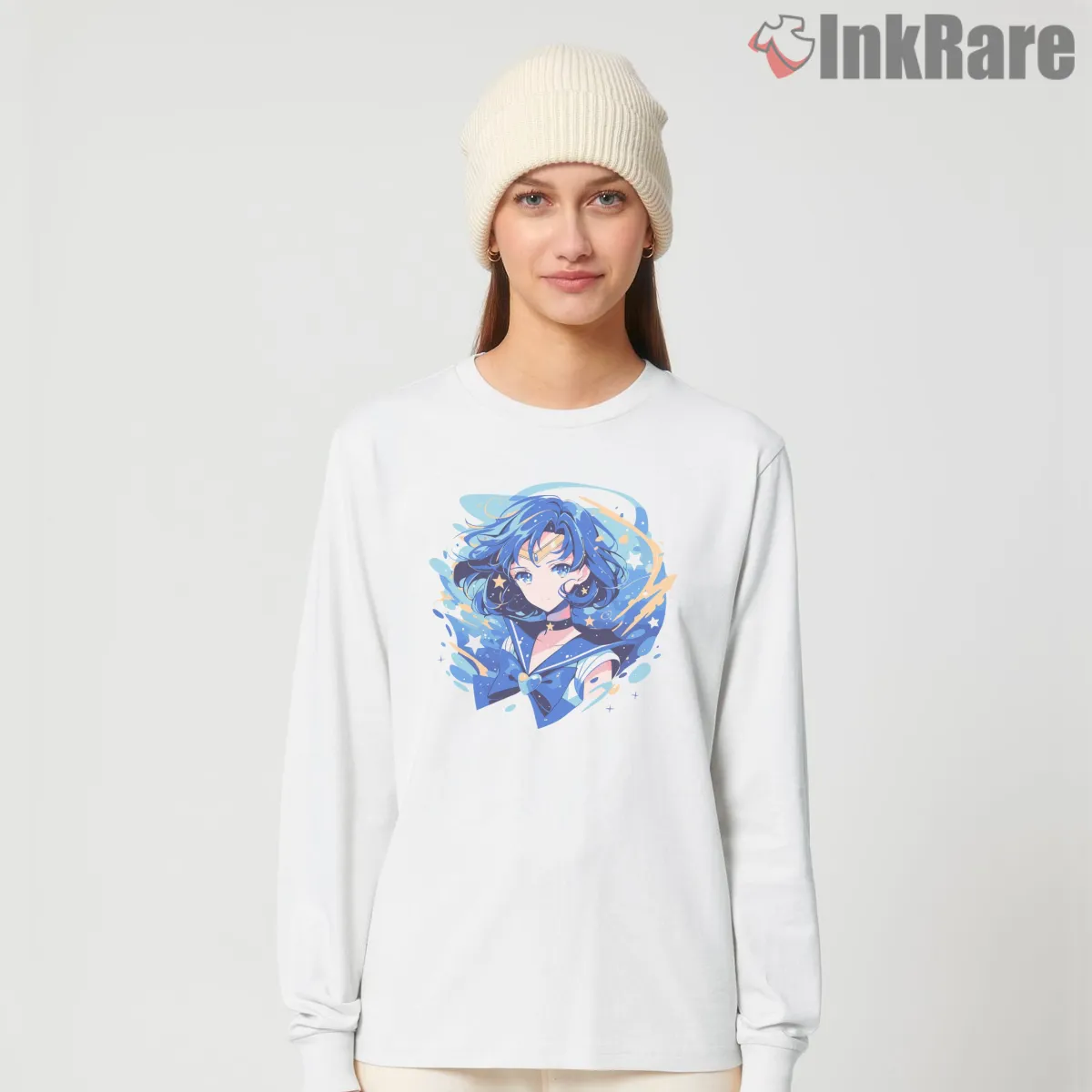 Sailor Mercury Calm Blue Portrait Anime Shirt on white long sleeve shirt for women graphic tee