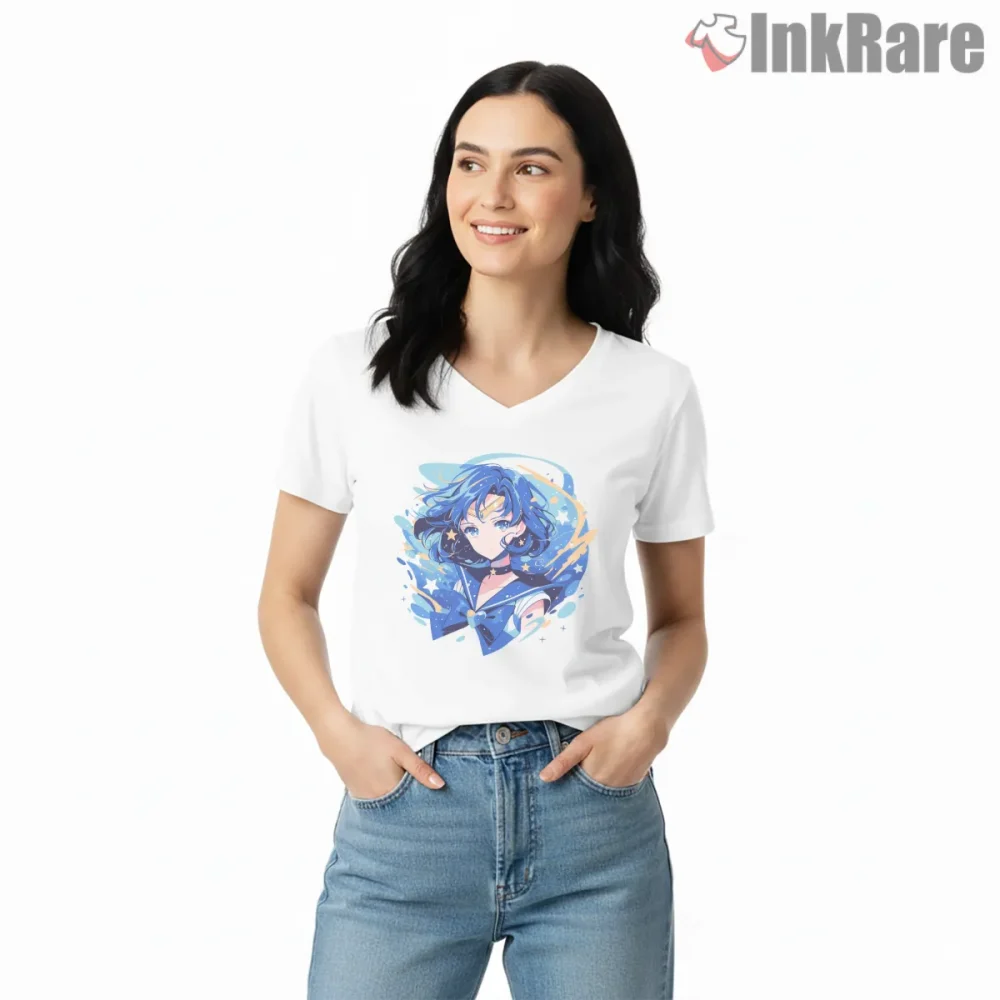 Sailor Mercury Calm Blue Portrait Anime Shirt on white v-neck shirt for women graphic tee
