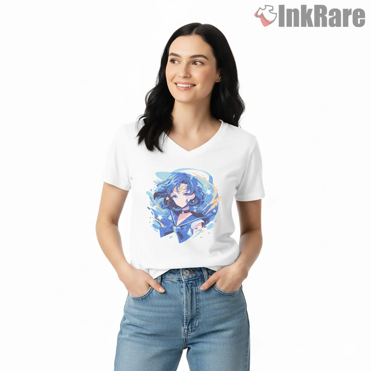 Sailor Mercury Calm Blue Portrait Anime V Neck White Sailor Mercury Calm Blue Portrait Anime Shirt on white v-neck shirt for women graphic tee