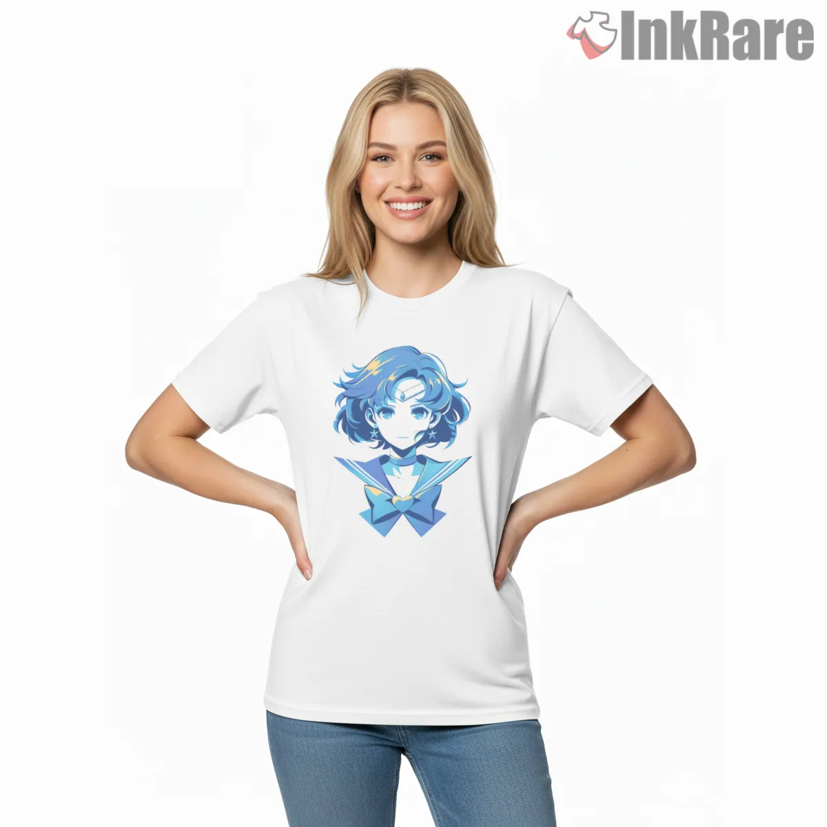 Sailor Mercury Clean Blue Portrait Anime Short Sleeve White Sailor Mercury Clean Blue Portrait Anime Shirt on white short sleeve shirt for women graphic tee
