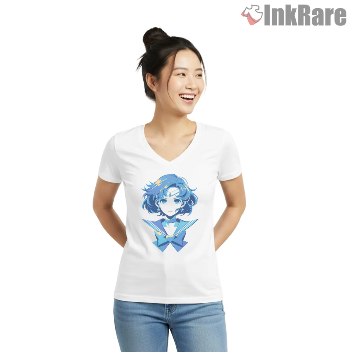 Sailor Mercury Clean Blue Portrait Anime V Neck White Sailor Mercury Clean Blue Portrait Anime Shirt on white v-neck shirt for women graphic tee