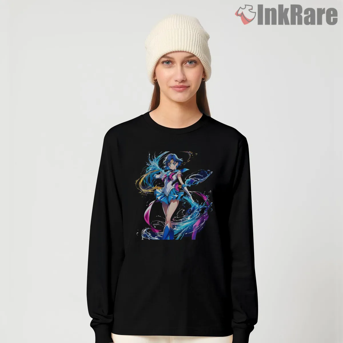Sailor Mercury Flowing Water Magic Shirt on black long sleeve shirt for women graphic tee